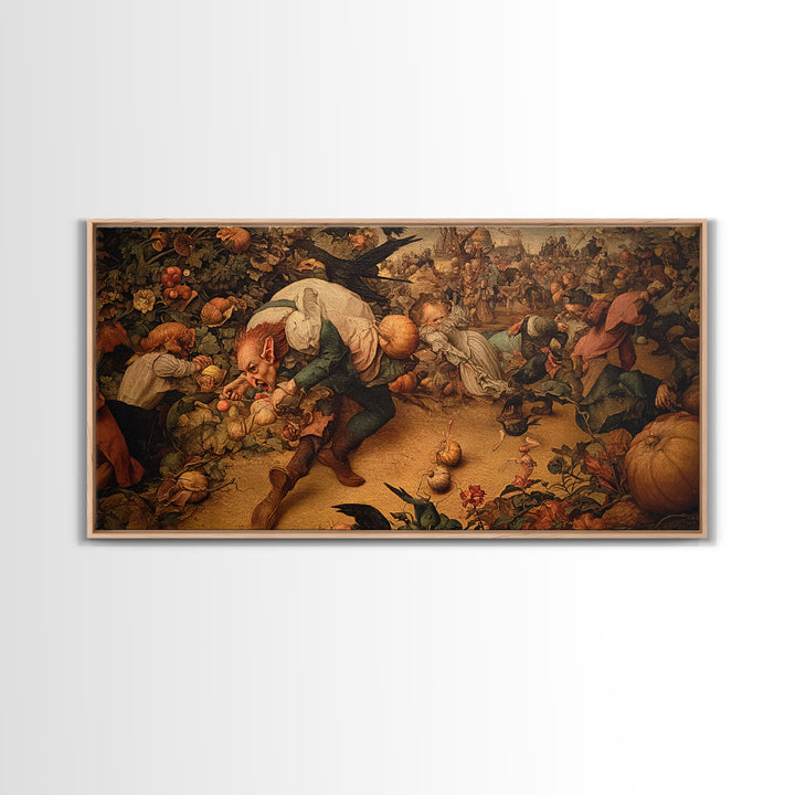 The Pumpkin Patch Goblin, Northern Renaissance Horror, Wide Panoramic Art, Dark Fantasy Wall Art, Framed Canvas Print