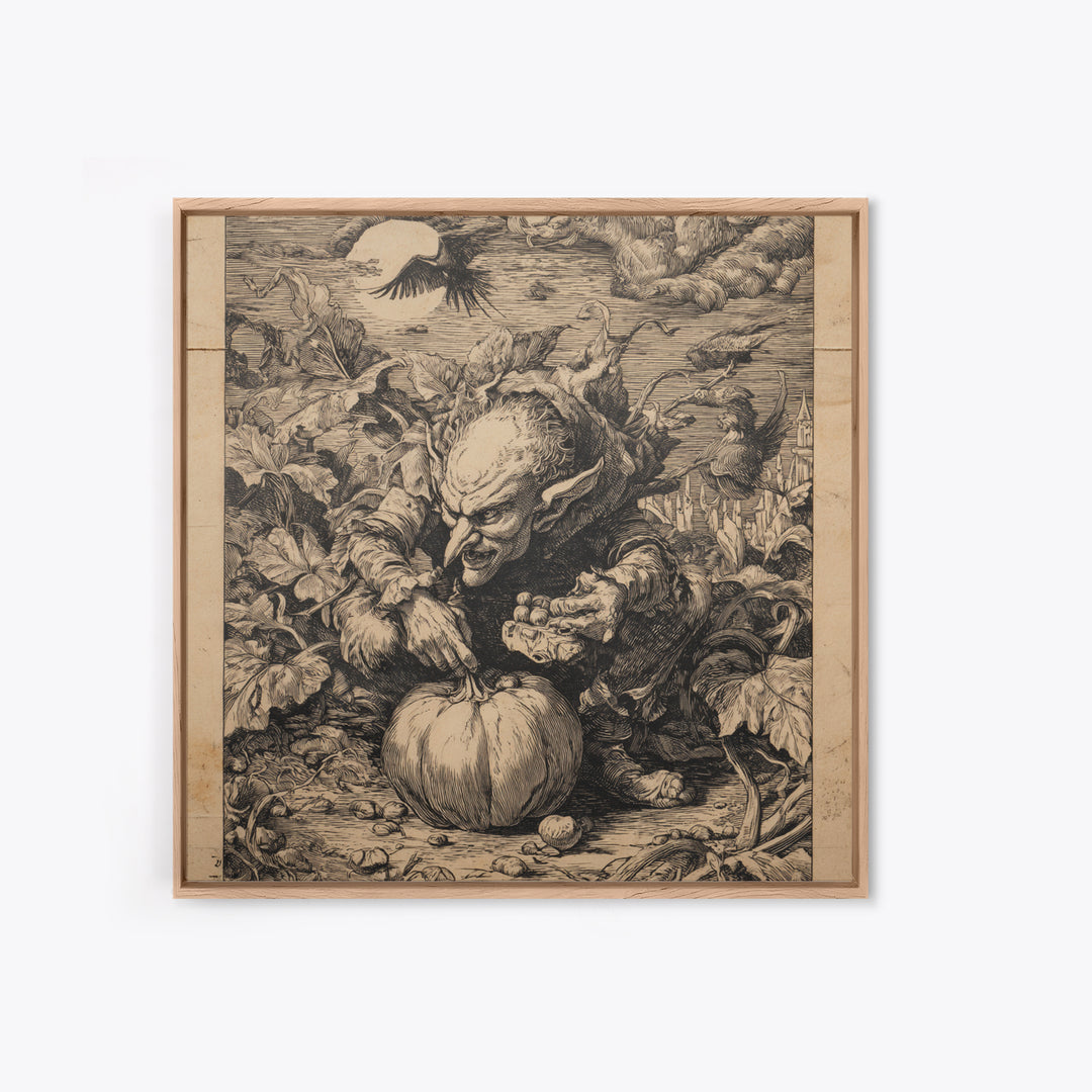 The Pumpkin Patch Goblin, Renaissance Engraving Art, Square Wall Art, Dark Halloween Decor, Framed Canvas Print, Halloween Wall Art