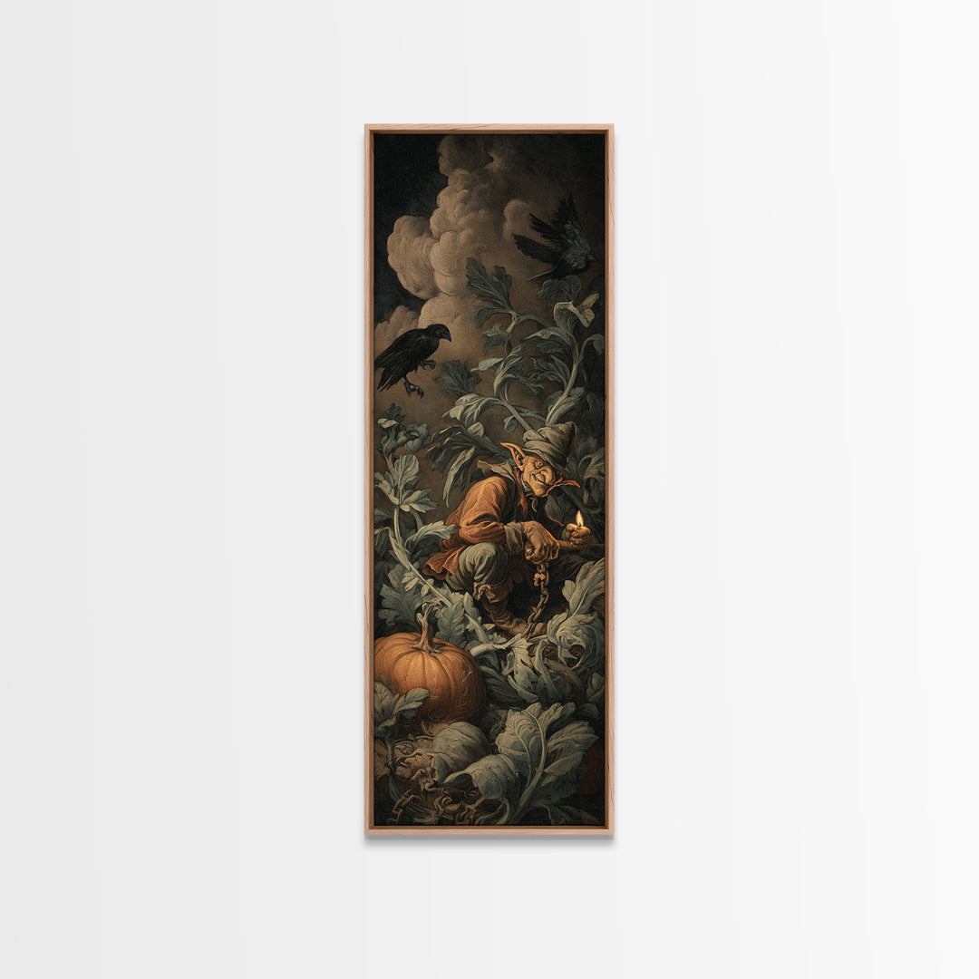 The Pumpkin Patch Goblin, Architectural Etching Art, Tall Narrow Wall Art, Dark Halloween Decor, Framed Canvas Print