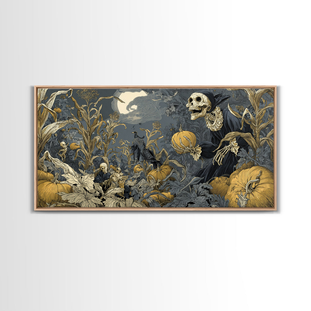 The Pumpkin Patch Goblin, Macabre Folk Print Art, Wide Panoramic Art, Dark Halloween Decor, Framed Canvas Print