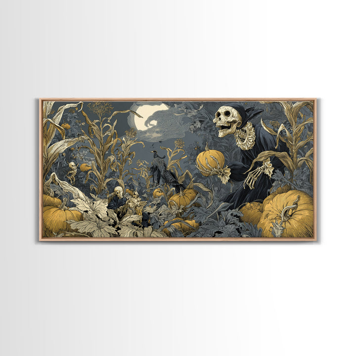 The Pumpkin Patch Goblin, Macabre Folk Print Art, Wide Panoramic Art, Dark Halloween Decor, Framed Canvas Print