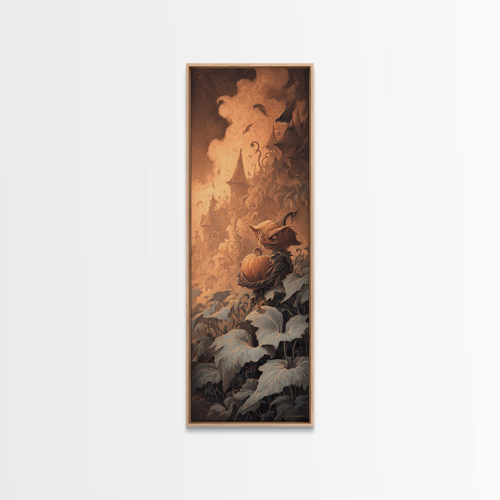 The Pumpkin Patch Goblin, Surreal Apocalyptic Art, Tall Narrow Wall Art, Dark Halloween Decor, Framed Canvas Print