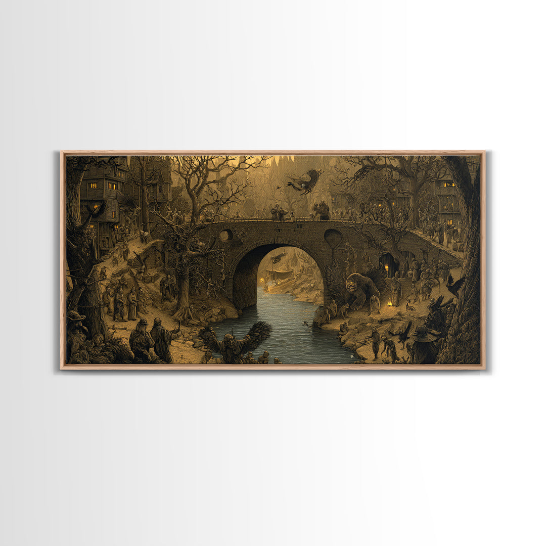 The Bridge Troll At Midnight, Northern Renaissance Horror, Wide Panoramic Art, Gothic Horror Wall Art, Framed Canvas Print