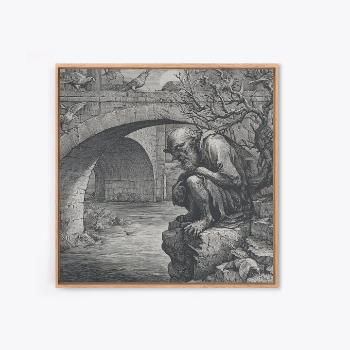 The Bridge Troll At Midnight, Renaissance Engraving Art, Square Wall Art, Gothic Horror Wall Art, Canvas Print, Halloween Wall Art