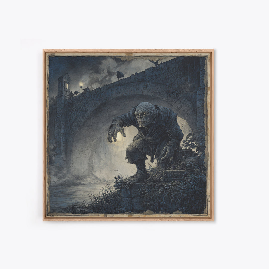 The Bridge Troll At Midnight, Danse Macabre Art, Square Wall Art, Macabre Wall Art, Framed Canvas Print, Halloween Decor