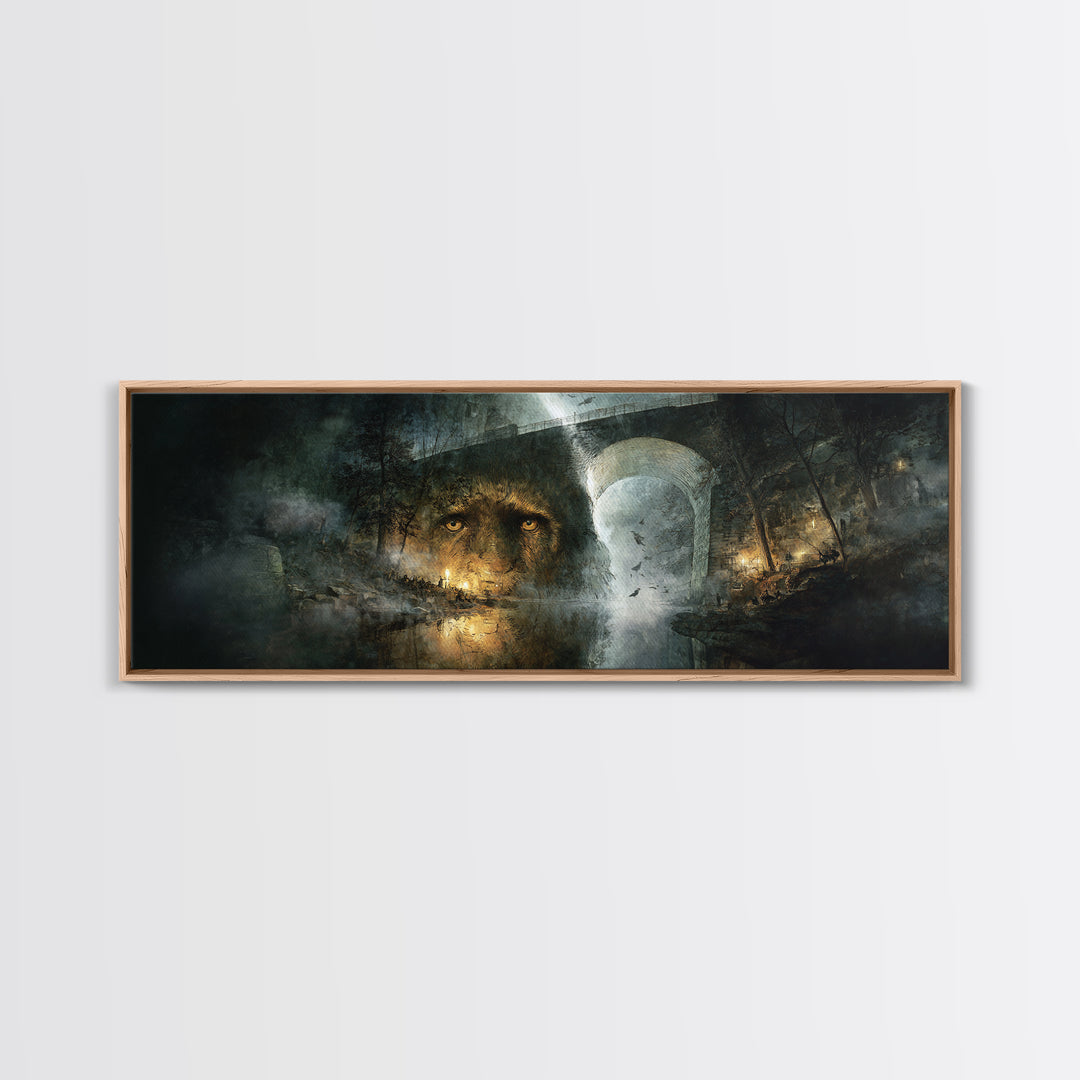 The Bridge Troll At Midnight, Visionary Gothic Art, Extra Wide Wall Art, Dark Halloween Decor, Framed Canvas Print, Halloween Wall Art