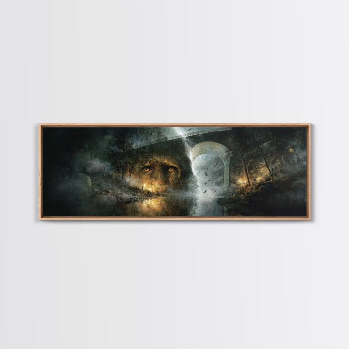 The Bridge Troll At Midnight, Visionary Gothic Art, Extra Wide Wall Art, Dark Halloween Decor, Framed Canvas Print, Halloween Wall Art