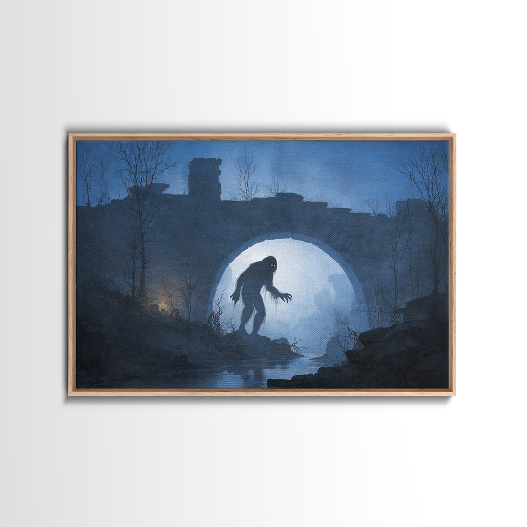 The Bridge Troll At Midnight, Romantic Gothic Landscape, Landscape Wall Art, Macabre Wall Art, Canvas Print, Halloween Wall Art