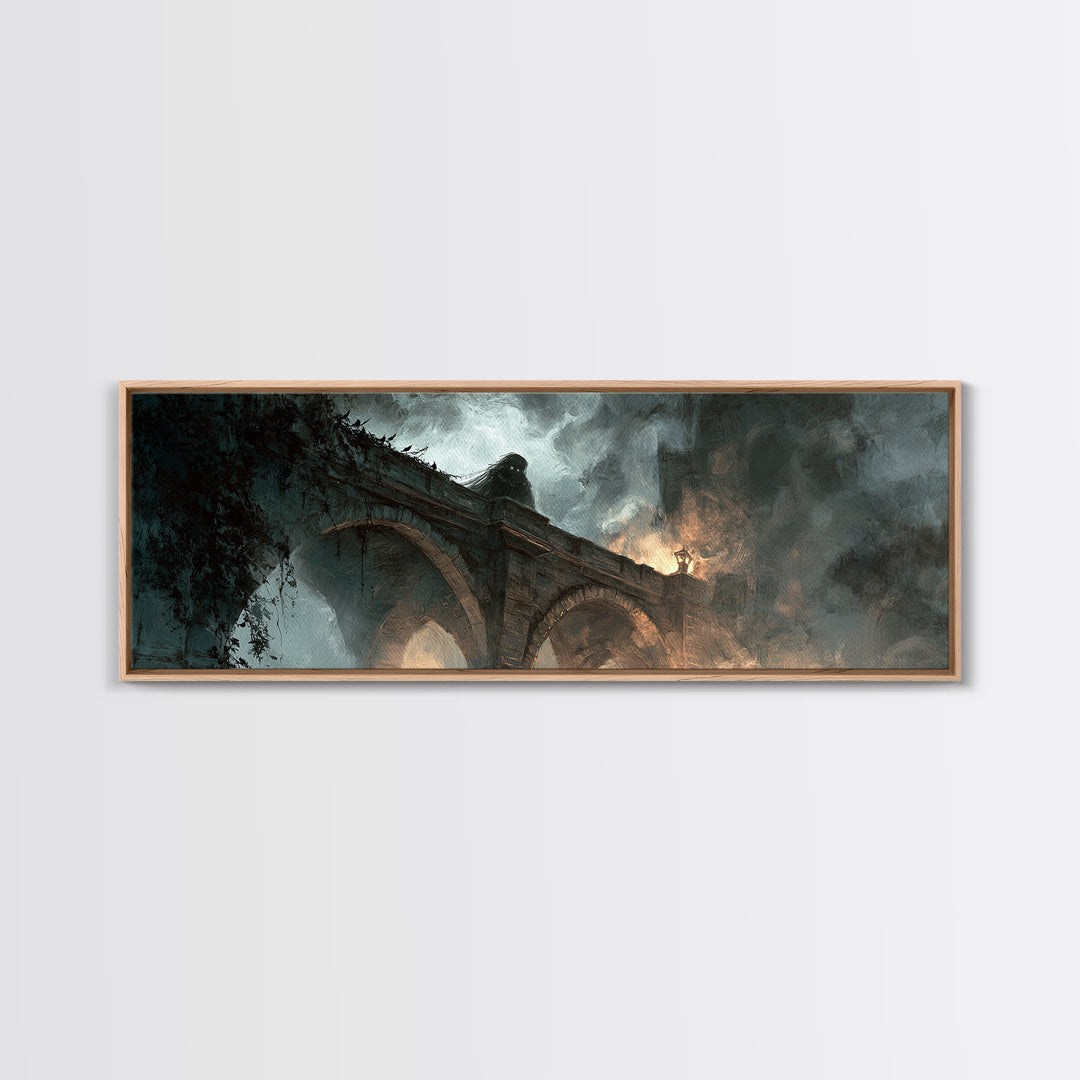 The Bridge Troll At Midnight, Apocalyptic Romantic Art, Extra Wide Wall Art, Dark Halloween Decor, Canvas Print, Halloween Wall Art