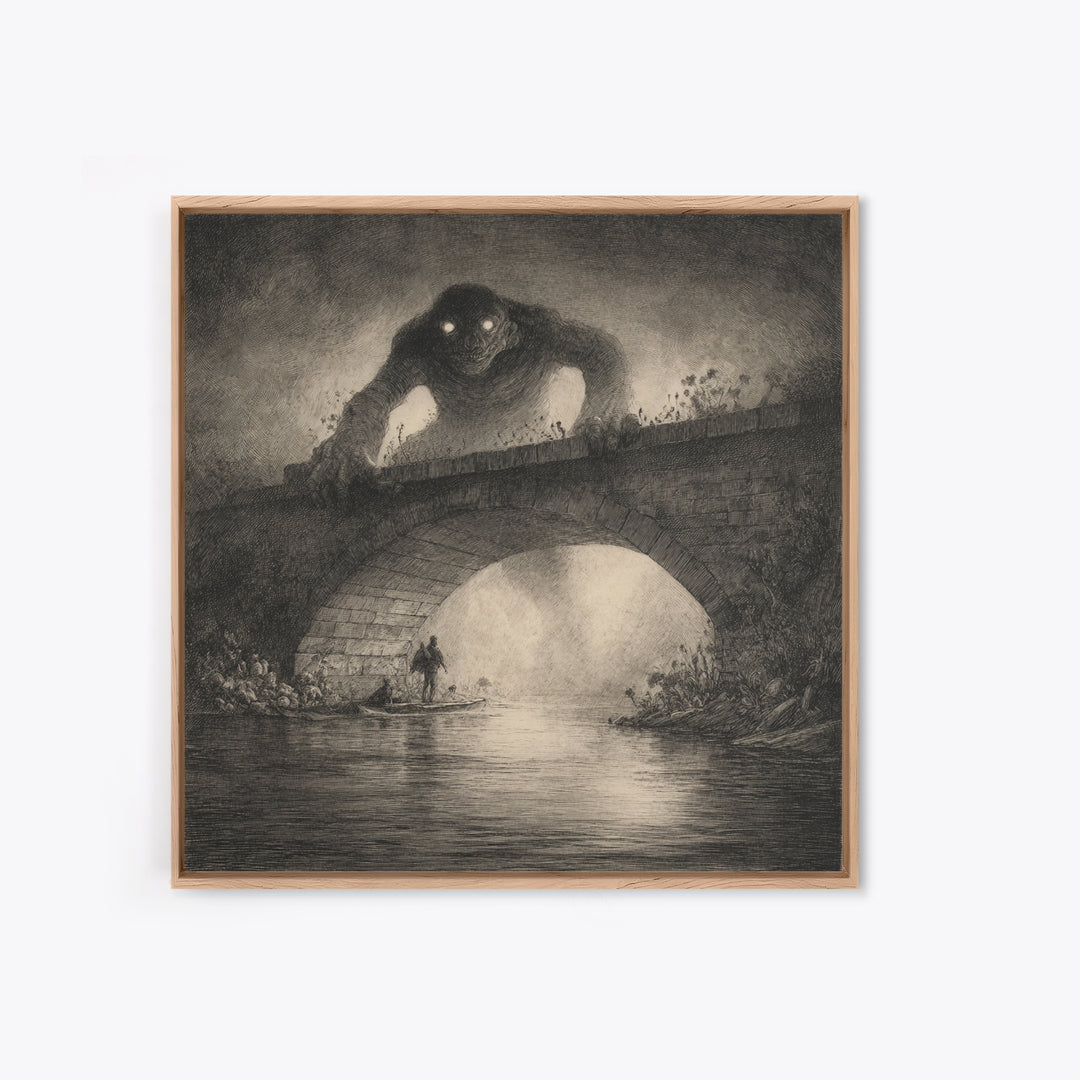 The Bridge Troll At Midnight, Symbolist Dream Art, Square Wall Art, Gothic Horror Wall Art, Framed Canvas Print, Halloween Wall Art