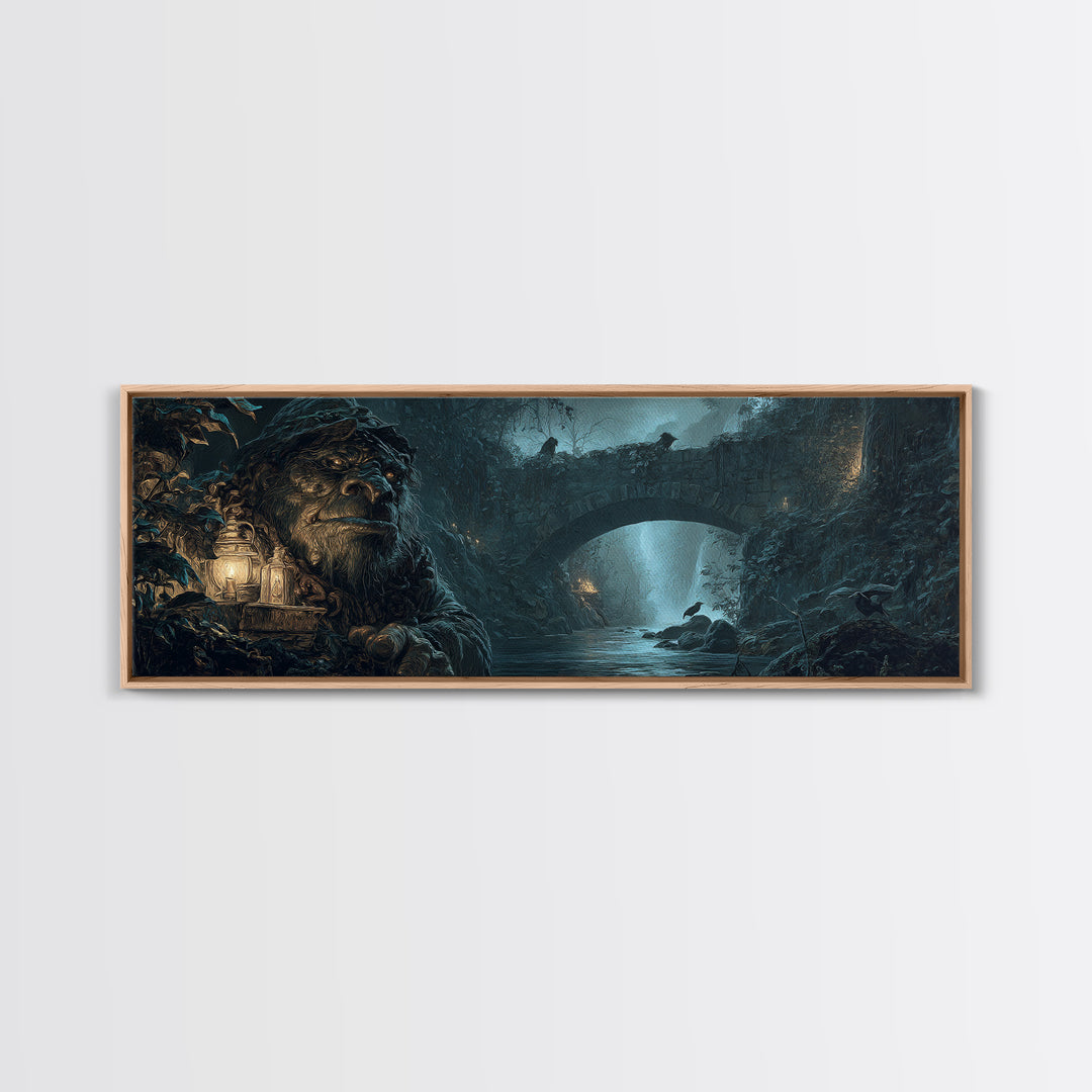 The Bridge Troll At Midnight, Ornate Symbolist Art, Extra Wide Wall Art, Dark Halloween Decor, Framed Canvas Print