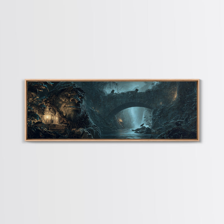 The Bridge Troll At Midnight, Ornate Symbolist Art, Extra Wide Wall Art, Dark Halloween Decor, Framed Canvas Print