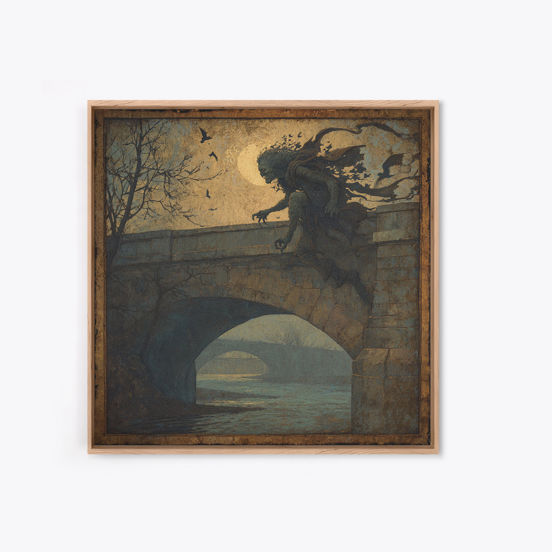 The Bridge Troll At Midnight, Dark Symbolist Art, Square Wall Art, Dark Fantasy Wall Art, Framed Canvas Print, Halloween Wall Art