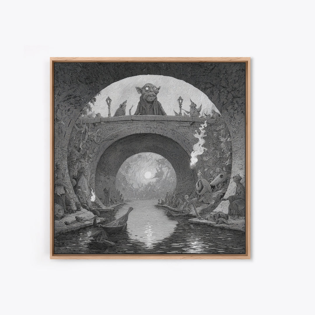 The Bridge Troll At Midnight, Expressionist Nightmare Art, Square Wall Art, Macabre Wall Art, Framed Canvas Print, Halloween Wall Art