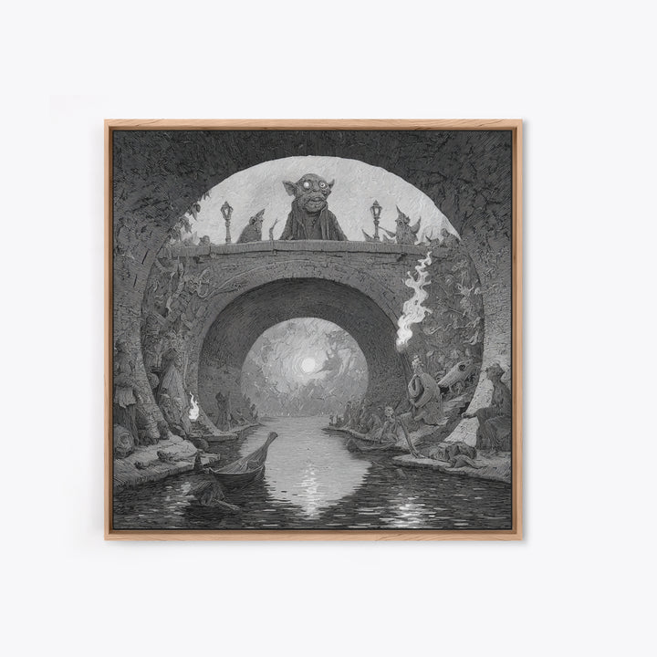 The Bridge Troll At Midnight, Expressionist Nightmare Art, Square Wall Art, Macabre Wall Art, Framed Canvas Print, Halloween Wall Art
