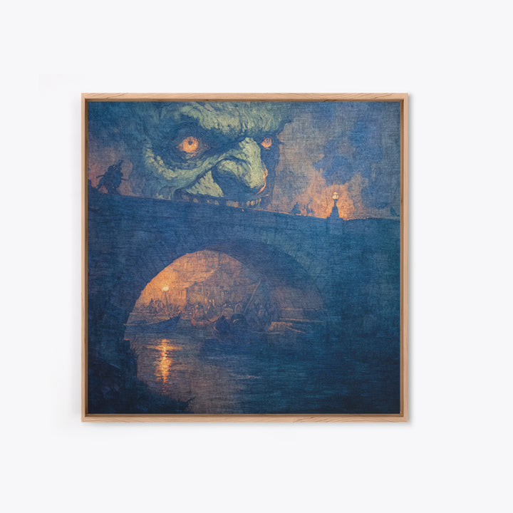 The Bridge Troll At Midnight, Grotesque Carnival Art, Square Wall Art, Dark Halloween Decor, Framed Canvas Print, Halloween Wall Art