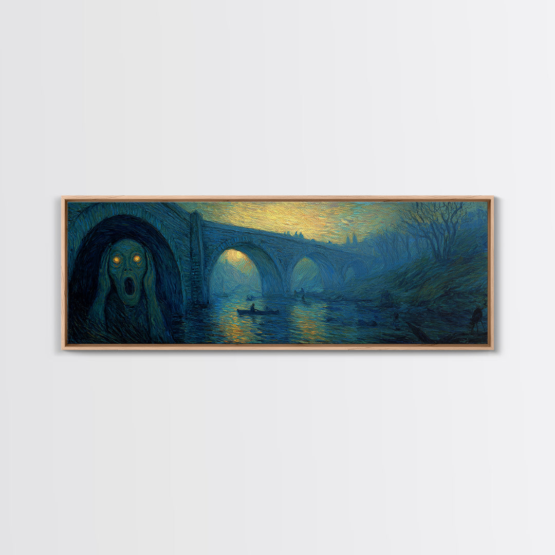 The Bridge Troll At Midnight, Expressionist Gothic Art, Extra Wide Wall Art, Gothic Horror Wall Art, Framed Canvas Print, Spooky Wall Decor