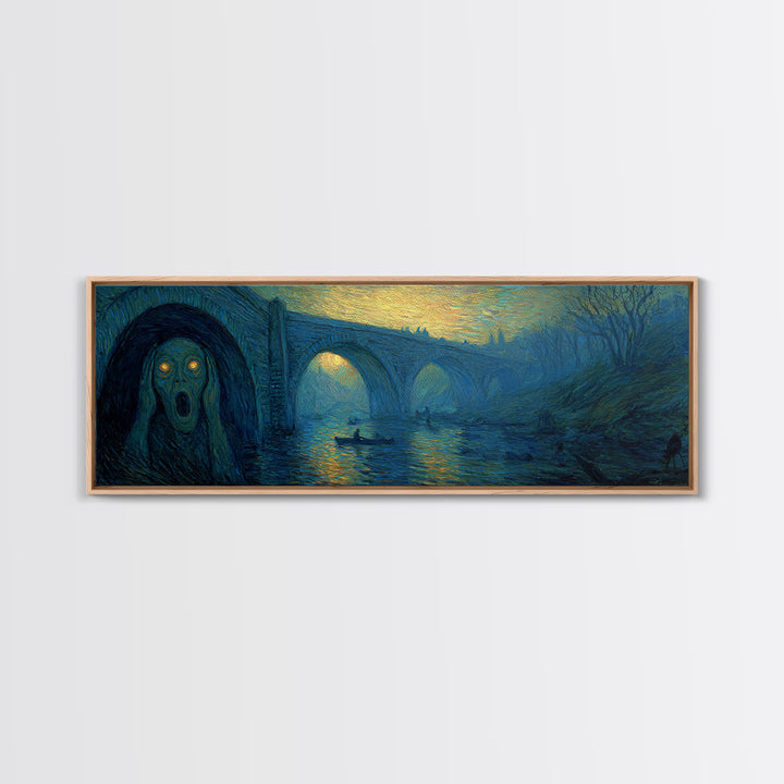The Bridge Troll At Midnight, Expressionist Gothic Art, Extra Wide Wall Art, Gothic Horror Wall Art, Framed Canvas Print, Spooky Wall Decor