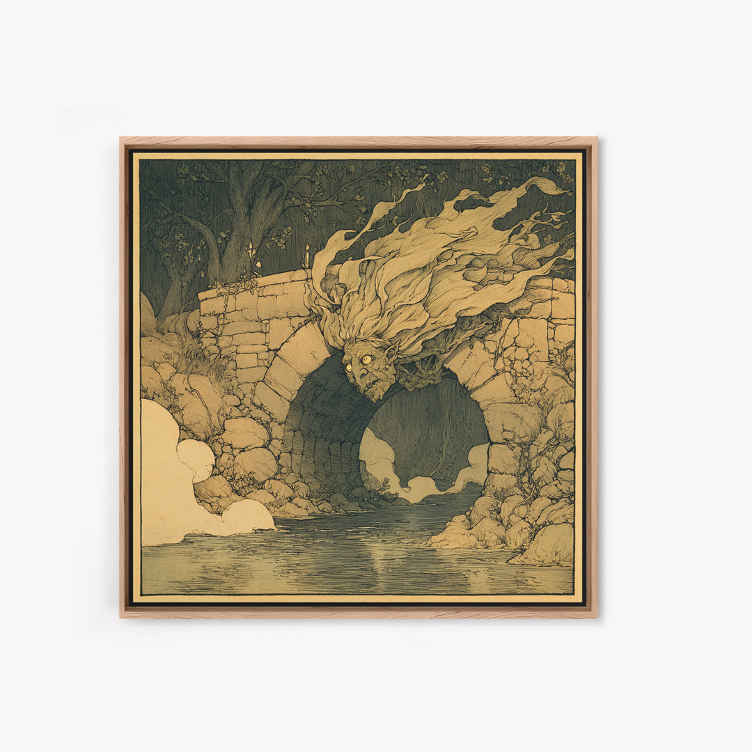 The Bridge Troll At Midnight, Gothic Storybook Art, Square Wall Art, Macabre Wall Art, Framed Canvas Print, Halloween Wall Art