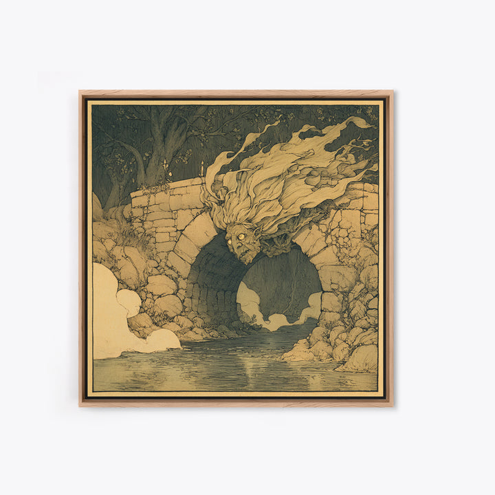 The Bridge Troll At Midnight, Gothic Storybook Art, Square Wall Art, Macabre Wall Art, Framed Canvas Print, Halloween Wall Art