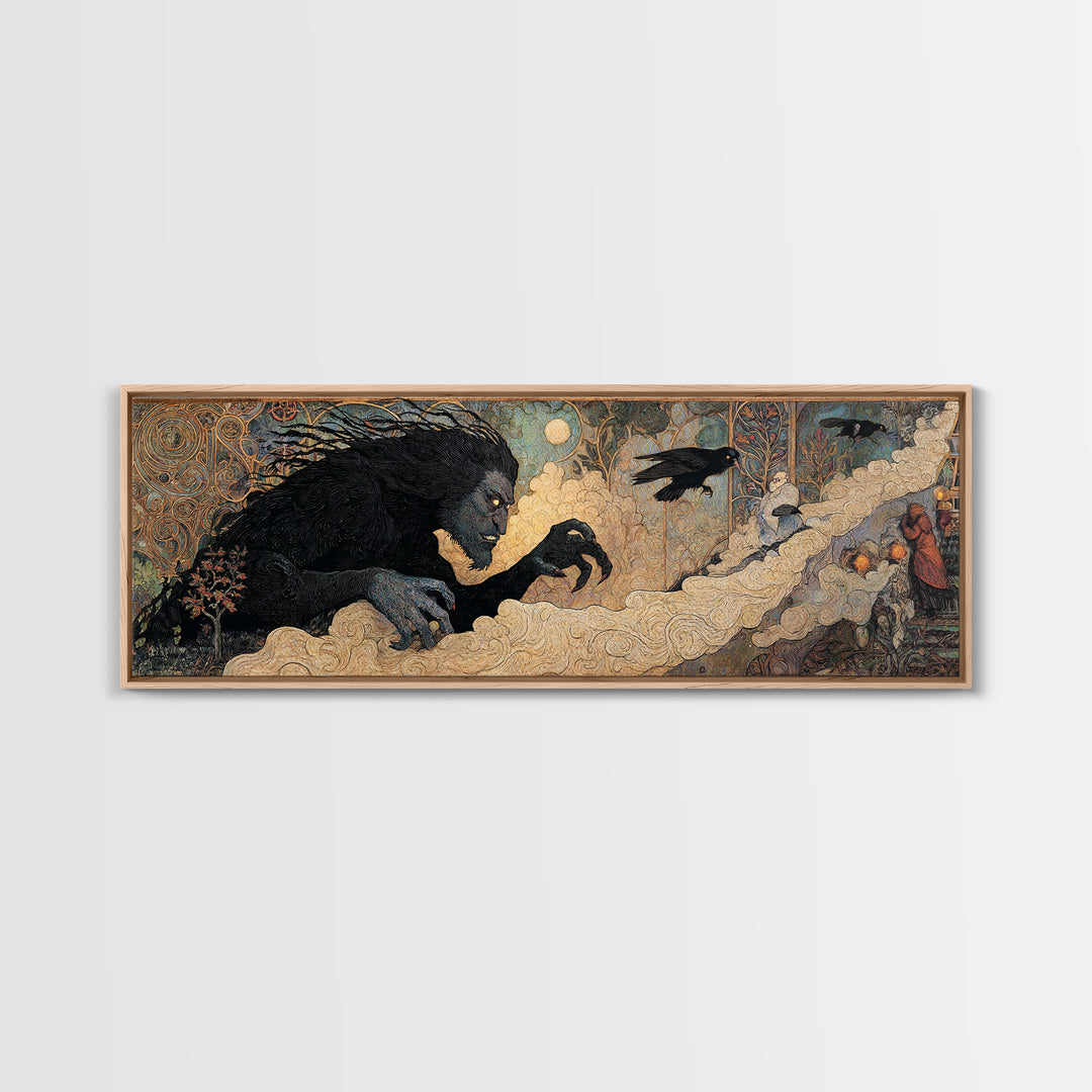 The Bridge Troll At Midnight, Stained Glass Gothic Art, Extra Wide Wall Art, Macabre Wall Art, Canvas Print, Halloween Wall Art