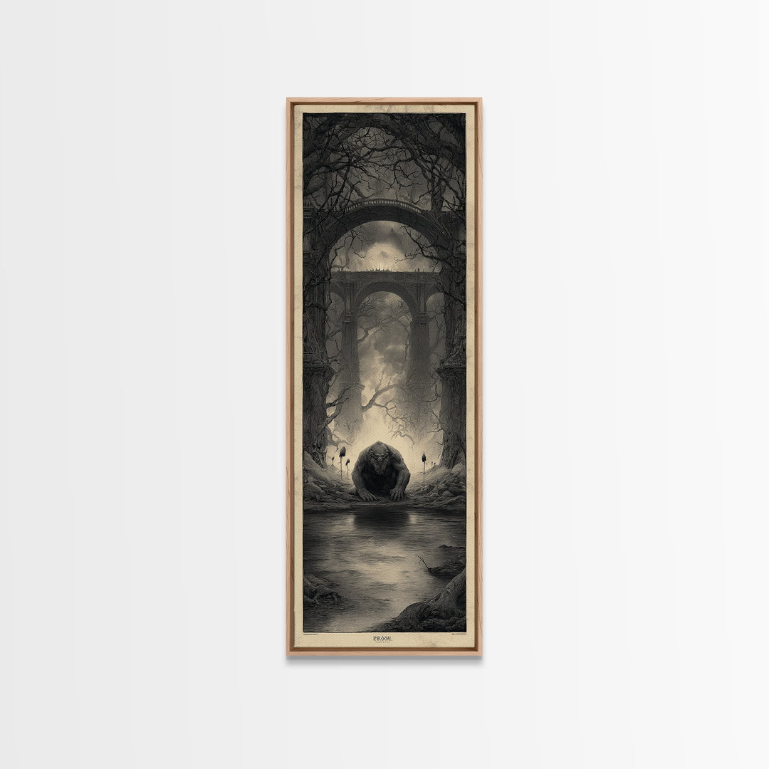 The Bridge Troll At Midnight, Surreal Apocalyptic Art, Tall Narrow Wall Art, Gothic Horror Wall Art, Canvas Print