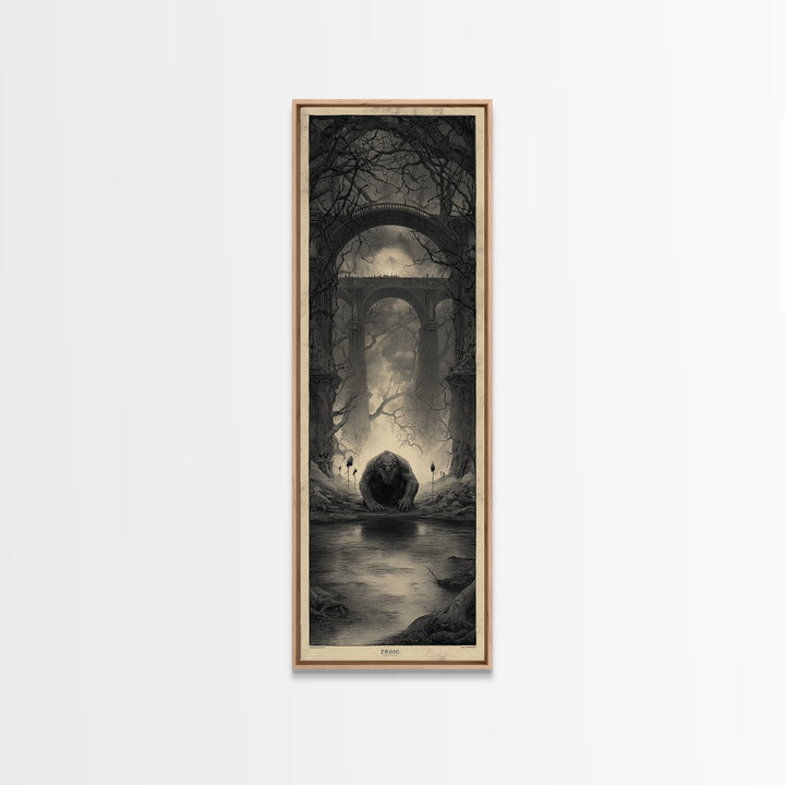 The Bridge Troll At Midnight, Surreal Apocalyptic Art, Tall Narrow Wall Art, Gothic Horror Wall Art, Canvas Print