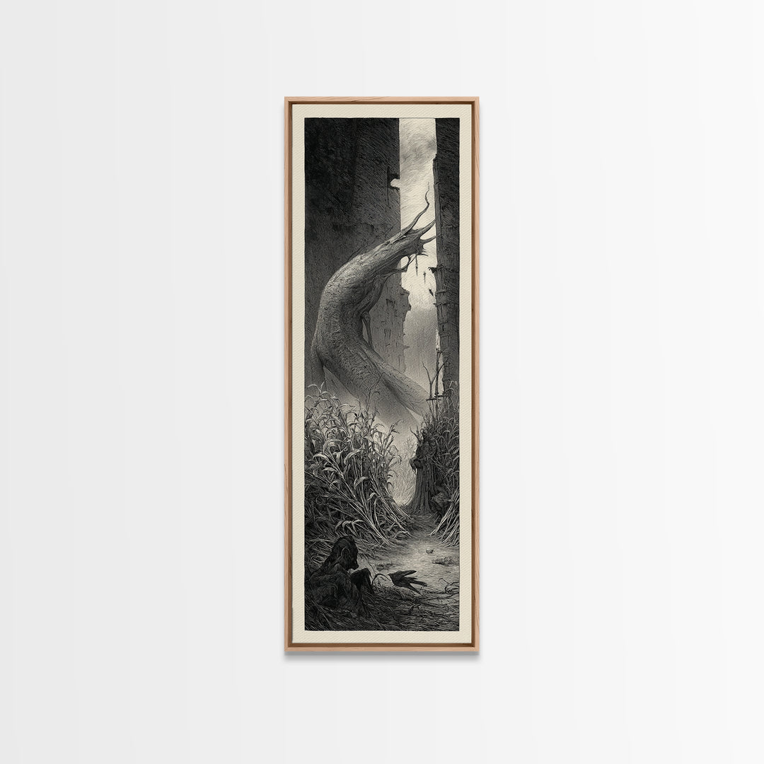 The Cornfield Crawler, Gothic Engraving Art, Tall Narrow Wall Art, Dark Halloween Decor, Canvas Print, Halloween Wall Art