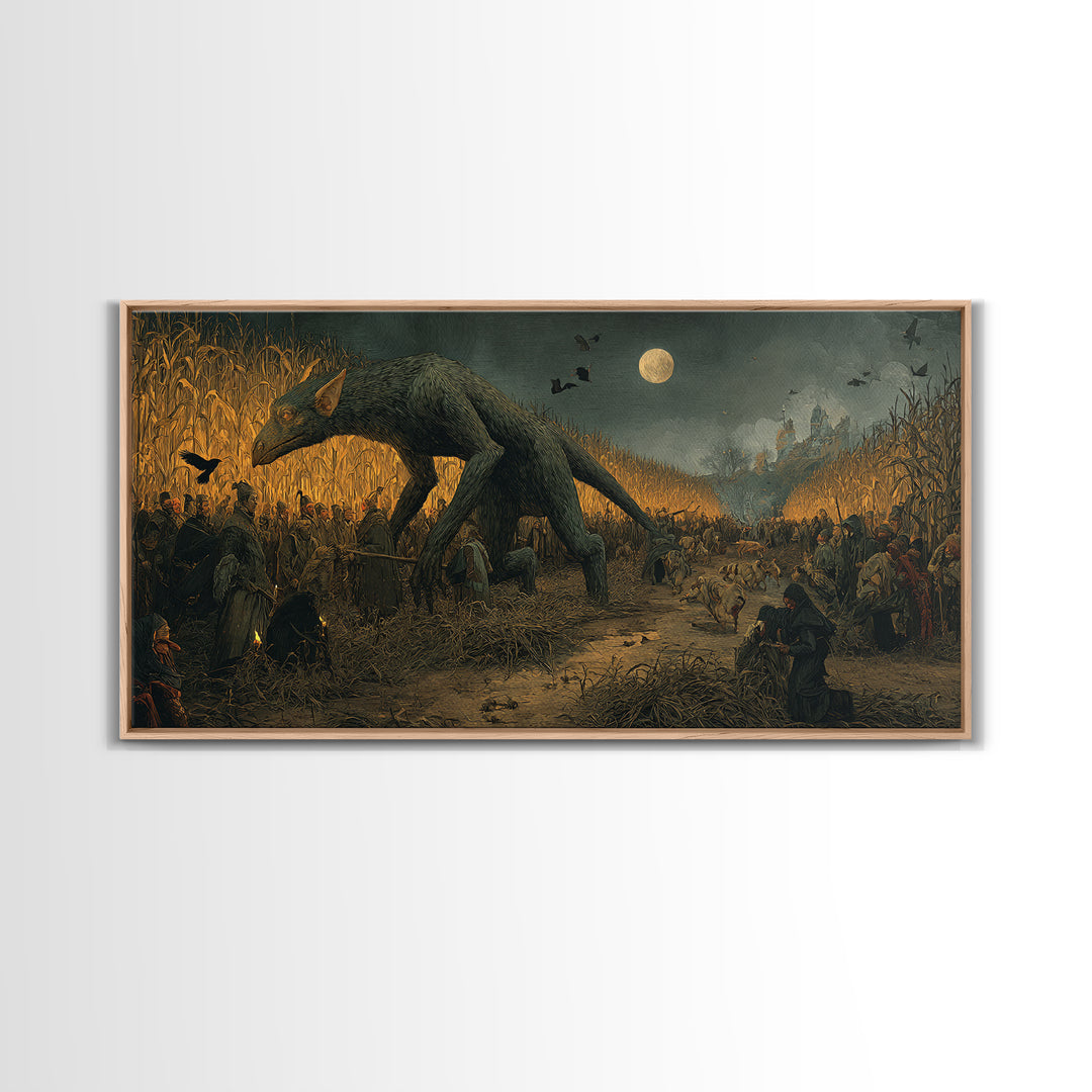 The Cornfield Crawler, Northern Renaissance Horror, Wide Panoramic Art, Macabre Wall Art, Canvas Print, Halloween Wall Art
