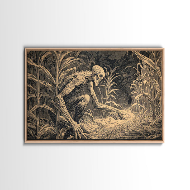 The Cornfield Crawler, Architectural Etching Art, Landscape Wall Art, Dark Fantasy Wall Art, Framed Canvas Print
