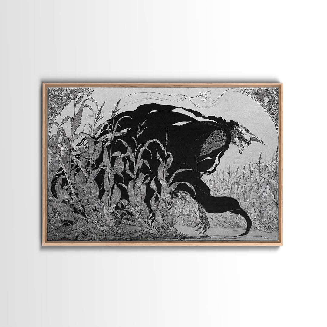 The Cornfield Crawler, Decadent Line Art, Landscape Wall Art, Dark Halloween Decor, Canvas Print, Halloween Wall Art