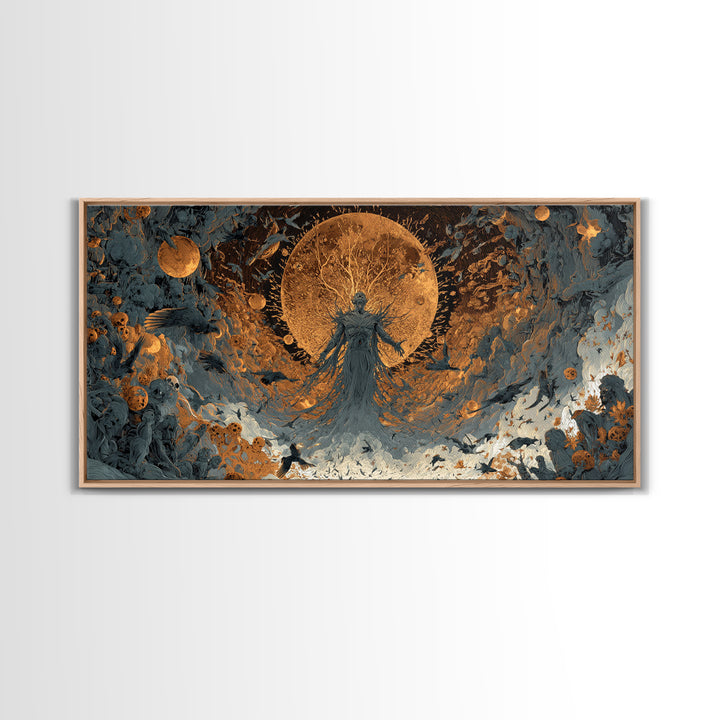 The Harvest Demon, Apocalyptic Romantic Art, Wide Panoramic Art, Macabre Wall Art, Framed Canvas Print, Halloween Wall Art