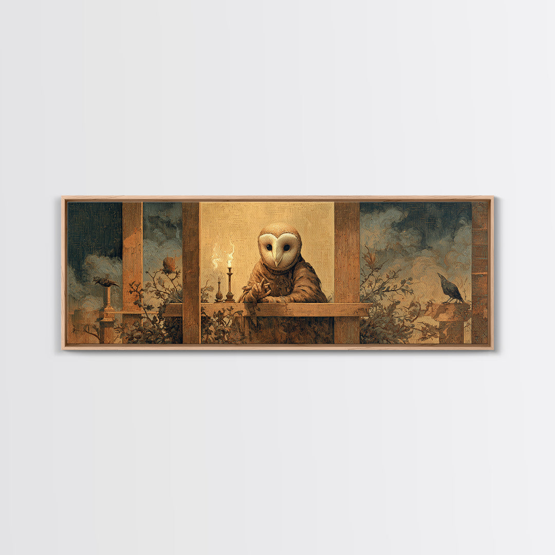 The Owl-Faced Omen, Medieval Grotesque Art, Extra Wide Wall Art, Dark Halloween Decor, Canvas Print, Halloween Wall Art