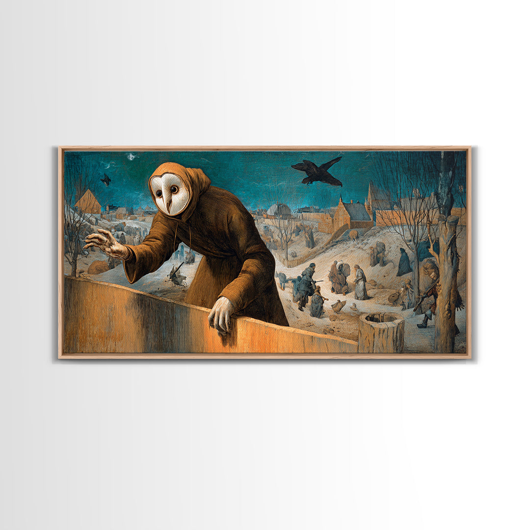 The Owl-Faced Omen, Northern Renaissance Horror, Wide Panoramic Art, Dark Halloween Decor, Canvas Print, Halloween Wall Art