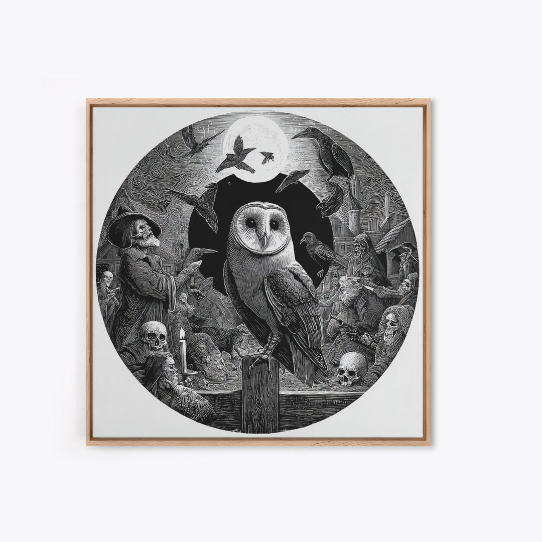 The Owl-Faced Omen, Danse Macabre Art, Square Wall Art, Macabre Wall Art, Framed Canvas Print, Halloween Wall Art