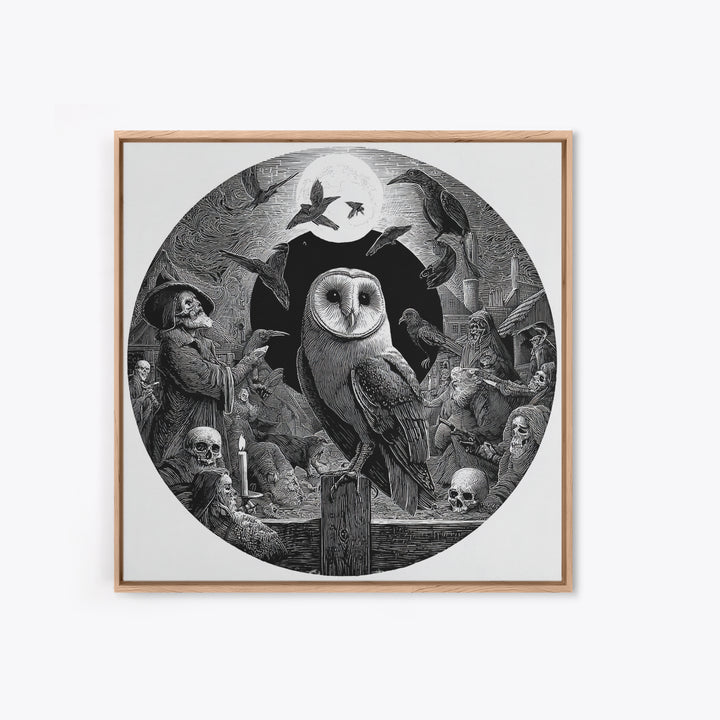 The Owl-Faced Omen, Danse Macabre Art, Square Wall Art, Macabre Wall Art, Framed Canvas Print, Halloween Wall Art