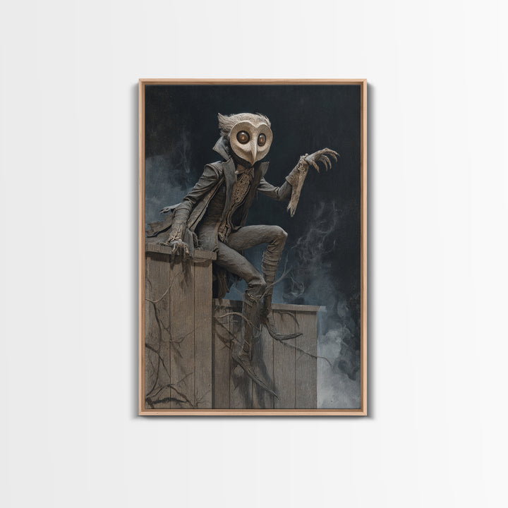 The Owl-Faced Omen, Gothic Nightmare Art, Vertical Wall Art, Dark Halloween Decor, Framed Canvas Print, Halloween Wall Art