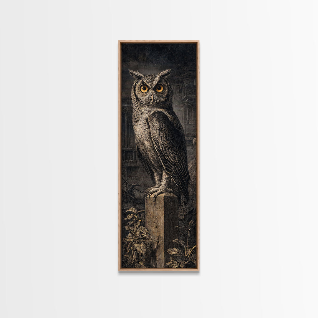 The Owl-Faced Omen, Architectural Etching Art, Tall Narrow Wall Art, Dark Fantasy Wall Art, Canvas Print, Halloween Wall Art