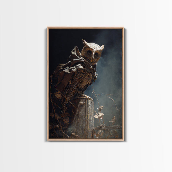 The Owl-Faced Omen, Ornate Symbolist Art, Vertical Wall Art, Macabre Wall Art, Canvas Print, Halloween Wall Art, Horror Wall Art