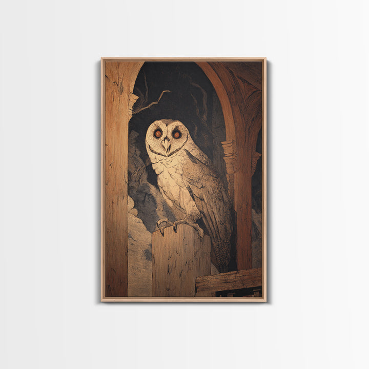 The Owl-Faced Omen, Symbolist Etching Art, Vertical Wall Art, Gothic Horror Wall Art, Canvas Print, Halloween Wall Art, Gothic Home Decor