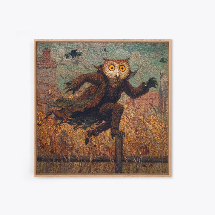 The Owl-Faced Omen, Grotesque Carnival Art, Square Wall Art, Macabre Wall Art, Framed Canvas Print, Halloween Wall Art, Spooky Wall Decor
