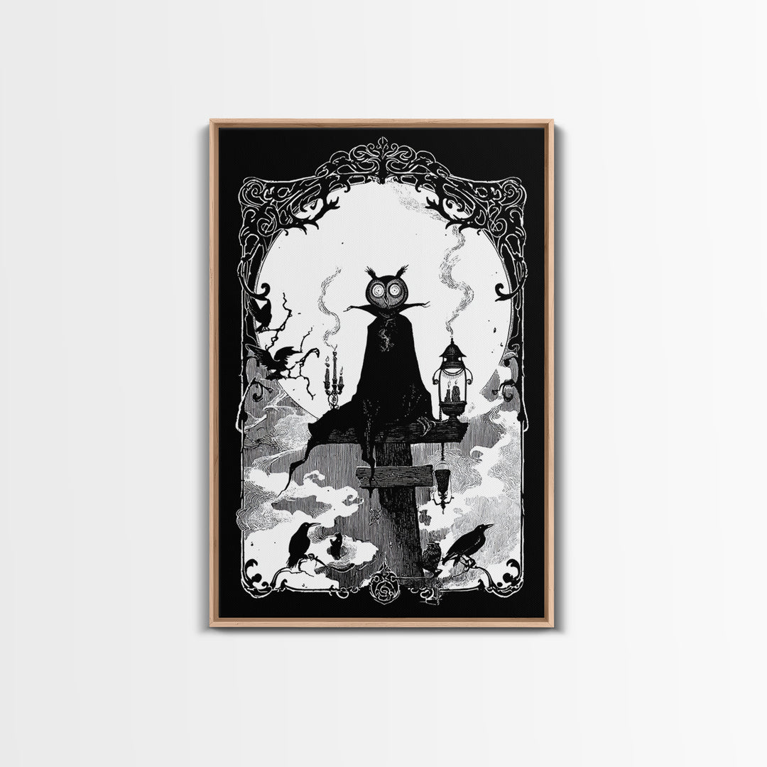 The Owl-Faced Omen, Decadent Line Art, Vertical Wall Art, Gothic Horror Wall Art, Canvas Print, Halloween Wall Art