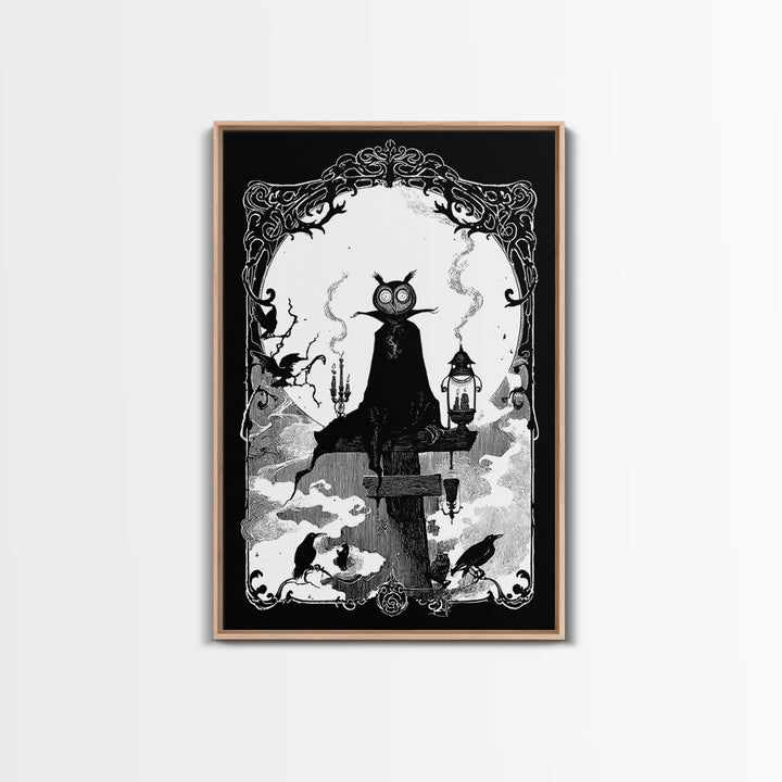 The Owl-Faced Omen, Decadent Line Art, Vertical Wall Art, Gothic Horror Wall Art, Canvas Print, Halloween Wall Art