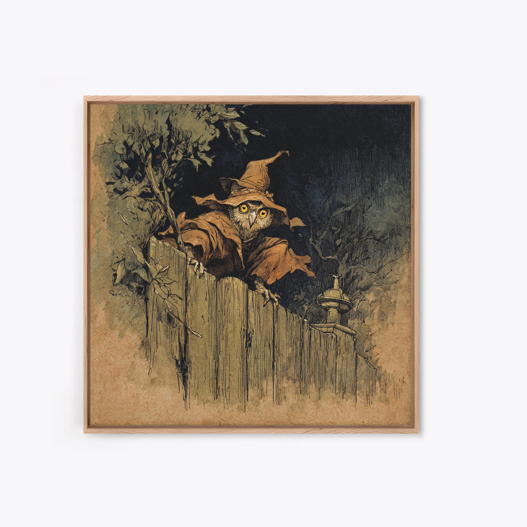The Owl-Faced Omen, Gothic Storybook Art, Square Wall Art, Dark Halloween Decor, Framed Canvas Print, Halloween Wall Art