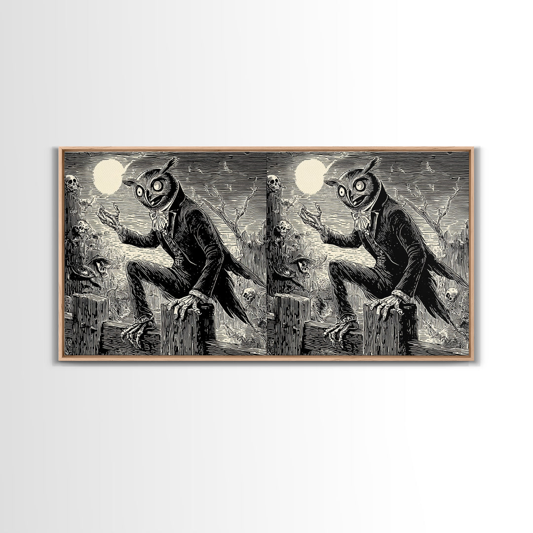 The Owl-Faced Omen, Macabre Folk Print Art, Wide Panoramic Art, Gothic Horror Wall Art, Canvas Print, Halloween Wall Art
