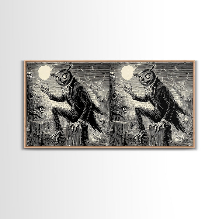 The Owl-Faced Omen, Macabre Folk Print Art, Wide Panoramic Art, Gothic Horror Wall Art, Canvas Print, Halloween Wall Art