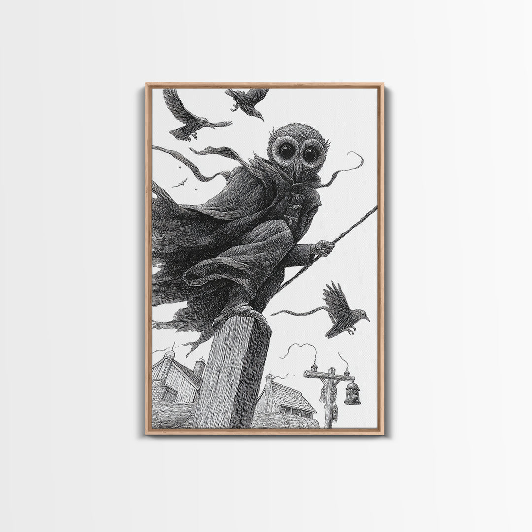 The Owl-Faced Omen, Victorian Macabre Art, Vertical Wall Art, Dark Halloween Decor, Framed Canvas Print, Halloween Wall Art