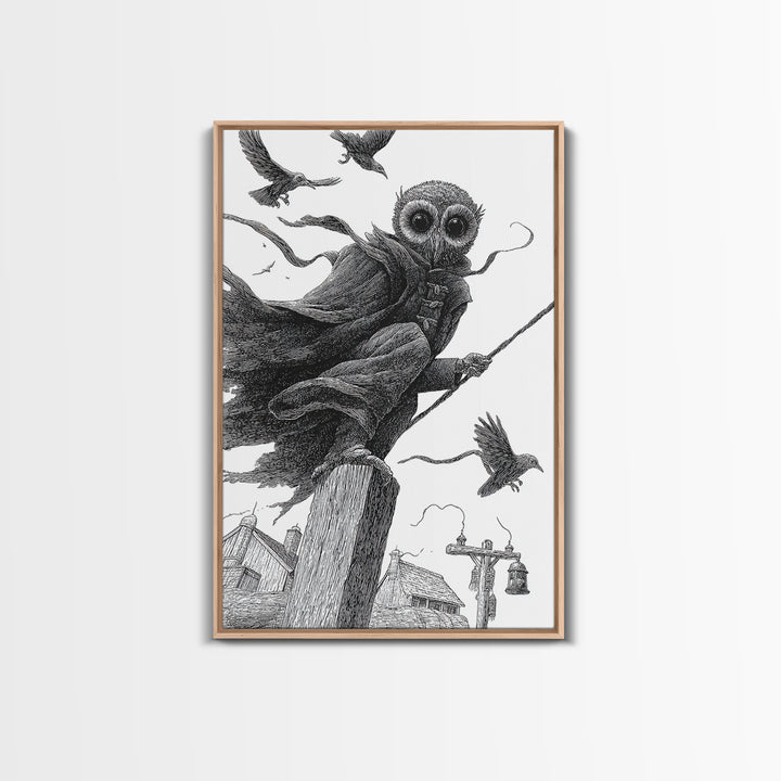 The Owl-Faced Omen, Victorian Macabre Art, Vertical Wall Art, Dark Halloween Decor, Framed Canvas Print, Halloween Wall Art