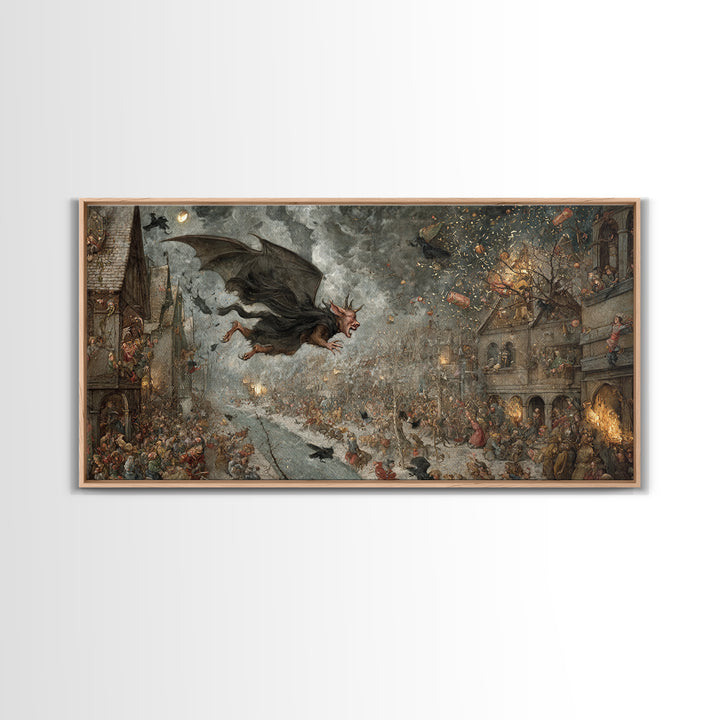 The Bat-Winged Imp, Northern Renaissance Horror, Wide Panoramic Art, Macabre Wall Art, Framed Canvas Print, Halloween Wall Art