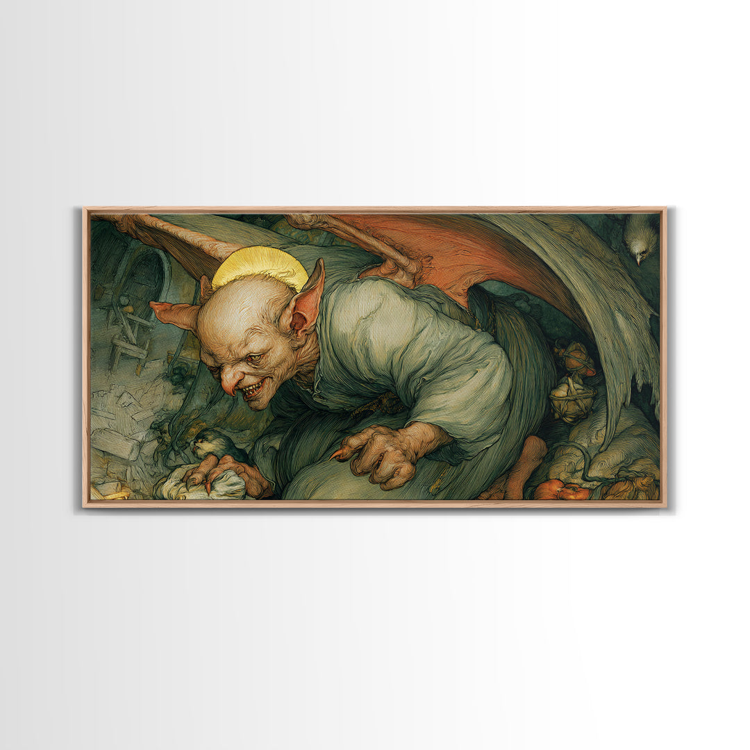 The Bat-Winged Imp, Dark Renaissance Art, Wide Panoramic Art, Macabre Wall Art, Canvas Print, Halloween Wall Art